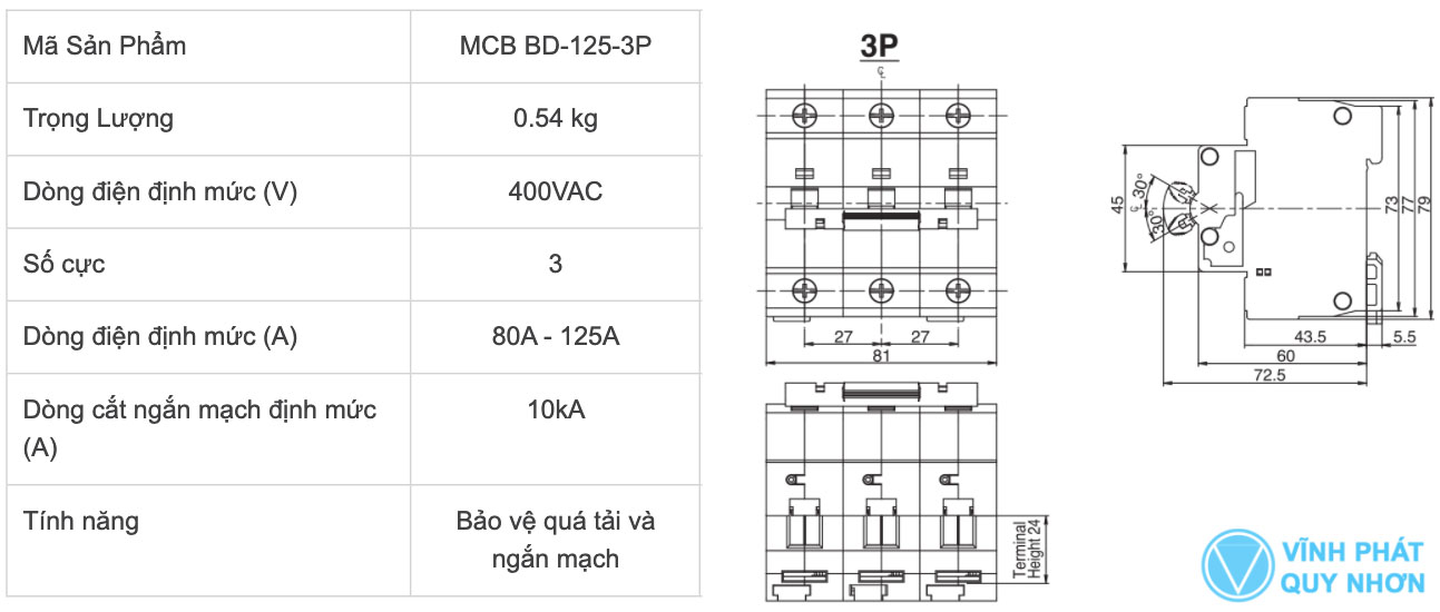 Thông số kỹ thuật và bản vẽ MCB 3P Panasonic (80A-100A)