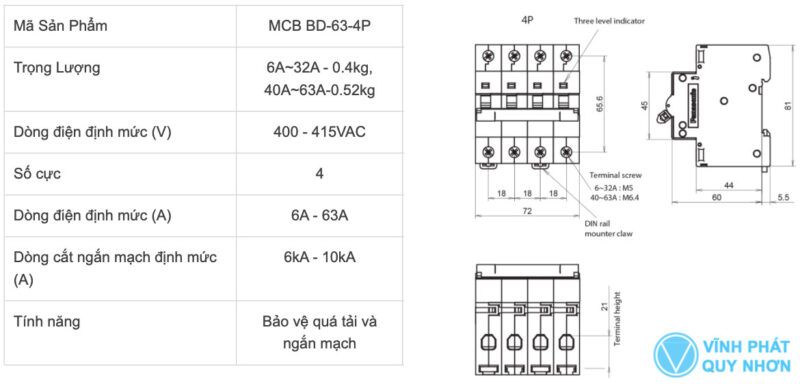 Thông số kỹ thuật MCB 4P Panasonic 16A - 63A