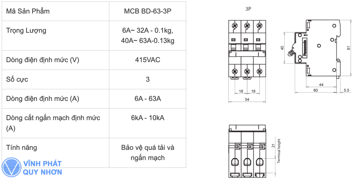 Thông số kỹ thuật và bản vẽ MCB 3P Panasonic