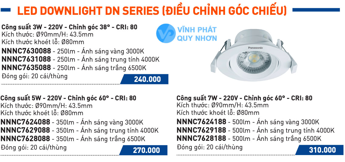 Giá đèn led âm trần điều chỉnh góc chiếu Panasonic DN SERIES (chưa chiết khấu)